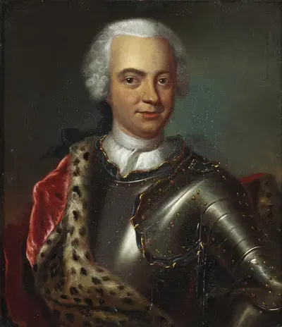 Portræt af en ung mand med kyrads og rød kåbe foret med hermelin by Johann Salomon Wahl — digital art print download