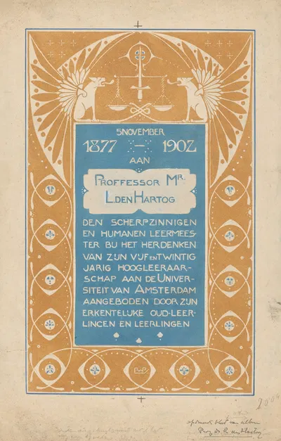 Opdrachtblad voor een album voor Prof. Mr. L. den Hartog by Рейньер Виллем Петрус де Врис, 1902 — digital art print download