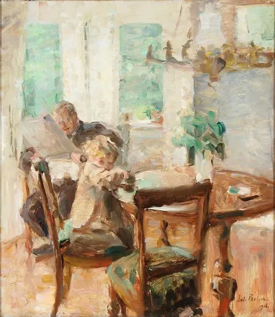 Barnet leger, mens far læser avis by Julius Paulsen, 1916 — digital art print download