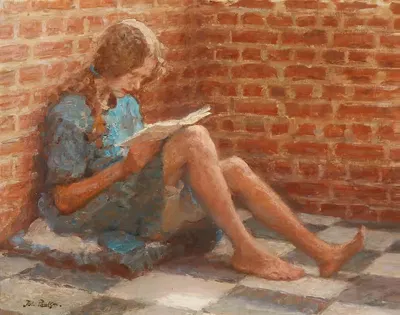 Læsende pige siddende ved en murstensvæg by Julius Paulsen — digital art print download