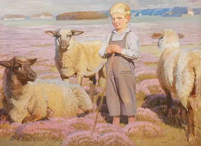 Пейзаж с овцами и пастушонком by Кнуд Синддинг, 1933 — digital art print download