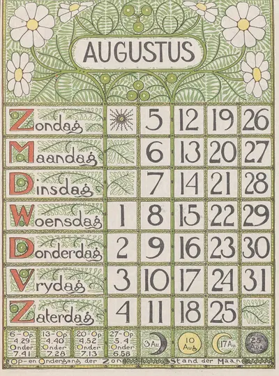 Kalenderblad augustus 1900 by Тео Нивенхейс, 1900 — digital art print download