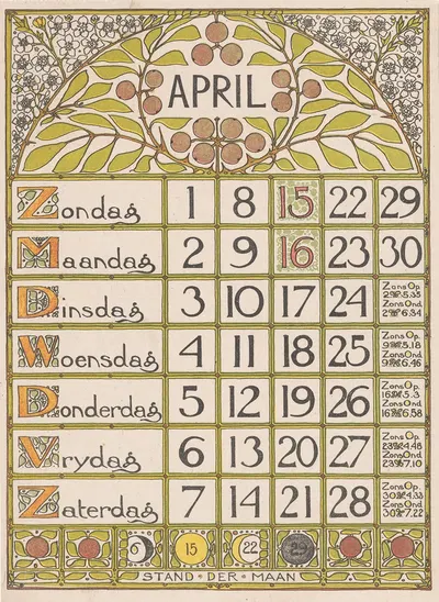 Kalenderblad voor april 1900 by Тео Нивенхейс, 1899 — digital art print download