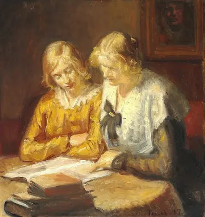 Две молодые девушки сидят за столом и читают книгу by Майкл Анчер, 1917 — digital art print download