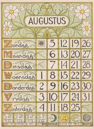 Kalenderblad voor augustus 1900 by Тео Нивенхейс, 1899 — digital art print download