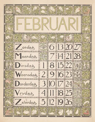 Kalenderblad voor februari 1898 by Theo Nieuwenhuis, 1897 — digital art print download