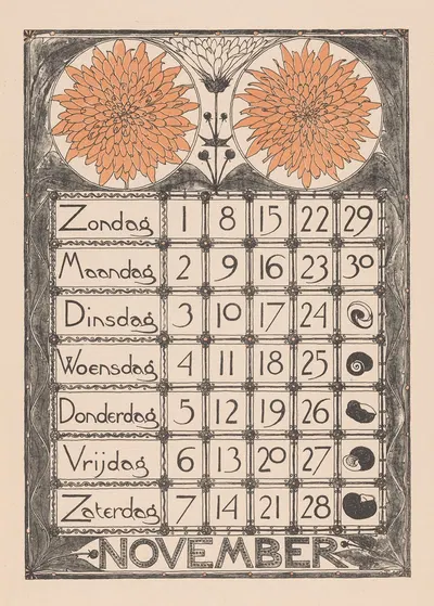 Kalenderblad voor november 1896 by Тео Нивенхейс, 1895 — digital art print download