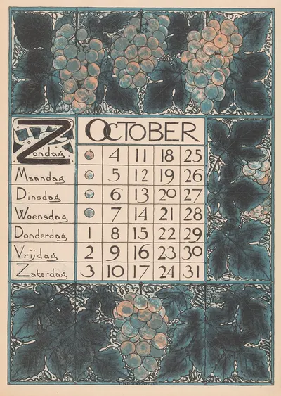 Kalenderblad voor oktober 1896 by Тео Нивенхейс, 1895 — digital art print download