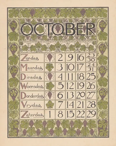 Kalenderblad voor oktober 1898 by Theo Nieuwenhuis, 1897 — digital art print download