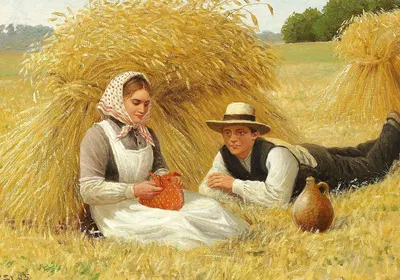 En ung knøs i færd med at opvarte en tjenestepige i høsttiden by Poul Steffensen, 1905 — digital art print download