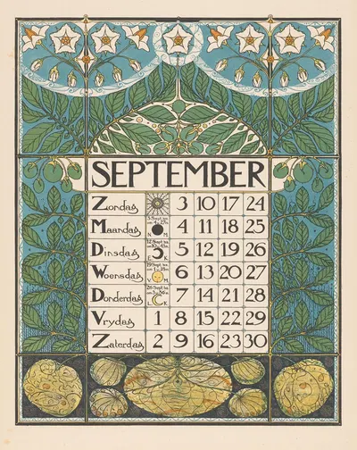 Kalenderblad voor september 1899 by Тео Нивенхейс, 1898 — digital art print download