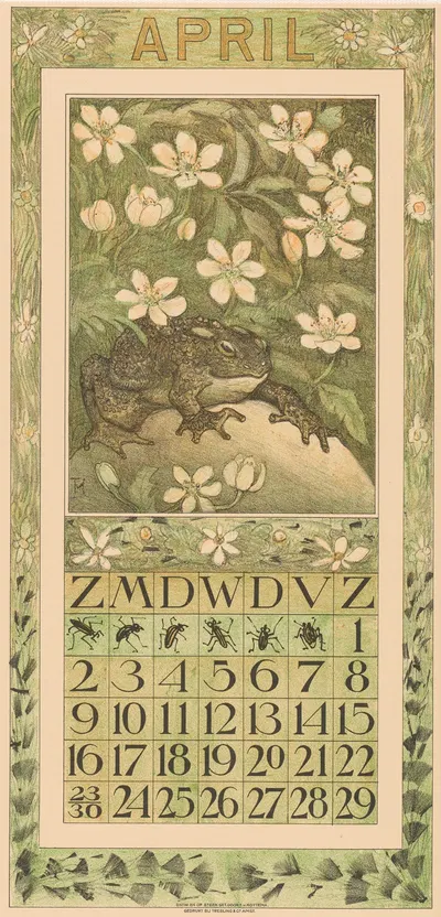 Kalenderblad april met kikker by Тео ван Хойтема, 1910 — digital art print download