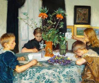 Дети, рисующие весенние цветы by Вигго Йохансен, 1894 — digital art print download