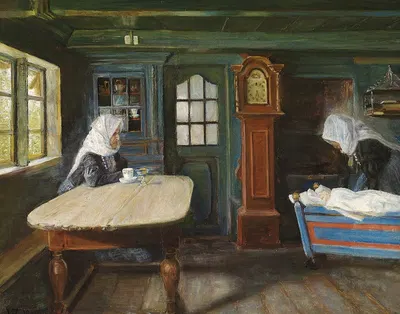 Интерьер из крестьянской хижины с малышом в колыбели by Вигго Йохансен, 1901 — digital art print download