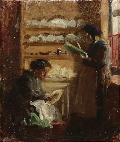Køkken på Skagen med to figurer by Viggo Johansen — digital art print download