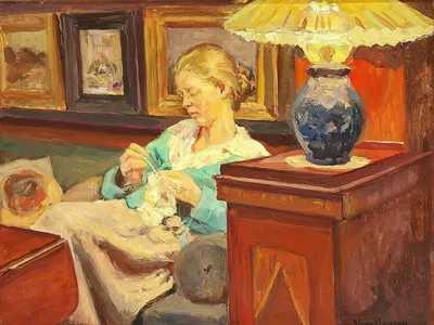 Interiør med kunstnerens hustru ved hækletøjet by Viggo Pedersen — digital art print download