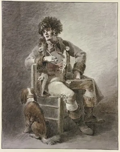 Auf einem Stuhl sitzt ein Mann die Pfeife in der Hand, dabei ein Hund by Abraham Teerlink — digital art print download