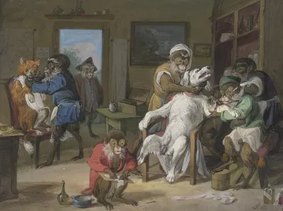 Barbierstube, Affen rasieren Hunde by Антон Радль — digital art print download
