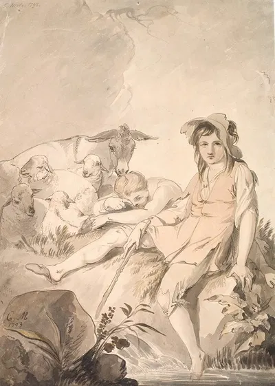 Pastoral scene with two children and animals by Конрад Мартин Мец, 1793 — digital art print download