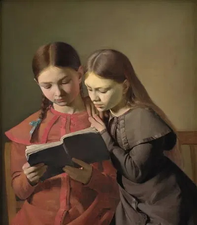 Сёстры художника Сигне и Генриетта читают книгу by Константин Хансен, 1826 — digital art print download