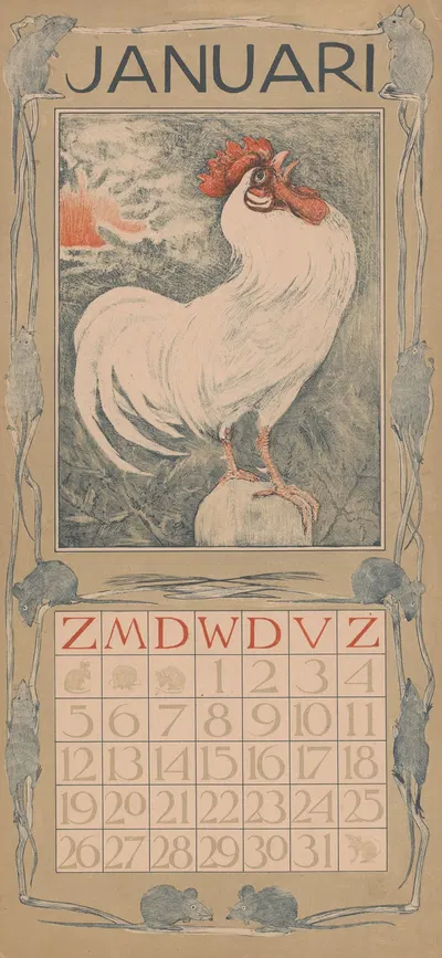 Kalenderblad januari met witte haan by Theo van Hoytema, 1901 — digital art print download