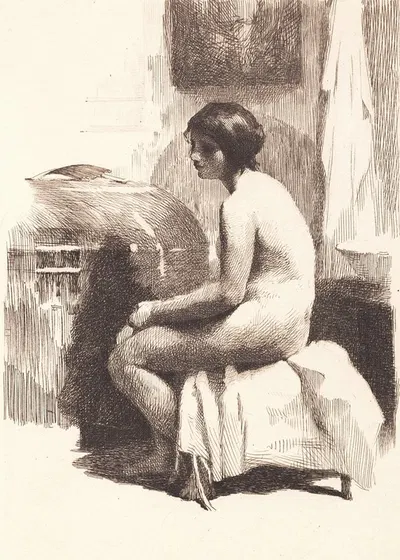Nøgen kvindelig model, siddende i et værelse by Франс Шварц, 1864 - 1917 — digital art print download