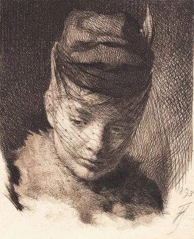 Ung pige med hue og slør by Франс Шварц, 1892 - 1893 — digital art print download