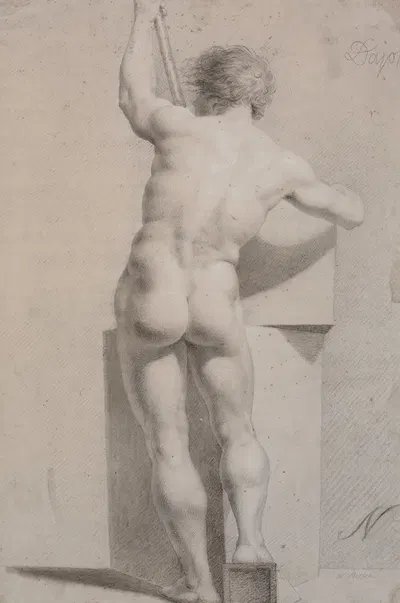 Stående model. Set fra ryggen. Stav i venstre hånd by H.W. Bissen, 1816 – 1823 — digital art print download