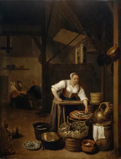 Девушка, готовящая рыбу by Хендрик Мартенсз. Сорга, 1657 — digital art print download