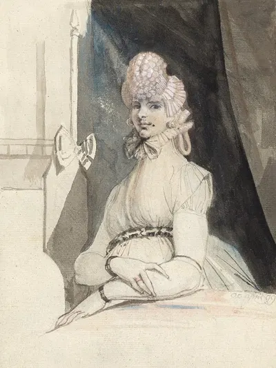 Mrs. Fuseli, an einem Tisch vor Nische mit Vorhang by Henry Fuseli, 1799 — digital art print download