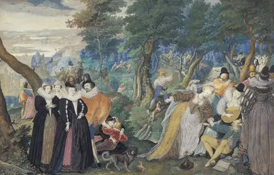 A Party in the Open Air. Allegory on Conjugal Love by Isaac Oliver, 1590 – 1595 — digital art print download