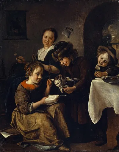 Children Teaching a Cat to Read by Jan Steen — digital art print download
