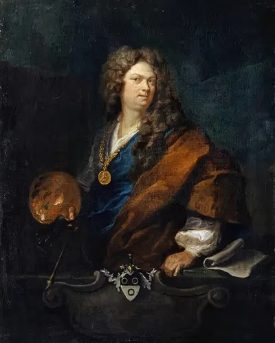 Автопортрет с семейным гербом by Иоганн Рудольф Губер старший, 1710 — digital art print download