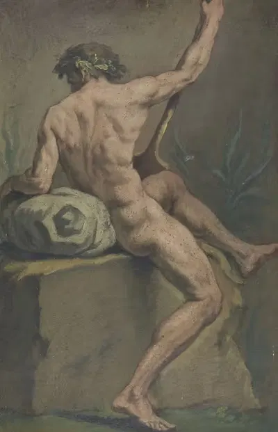 Akt eines sitzenden Mannes, halb vom Rücken gesehen by Josef Neher — digital art print download