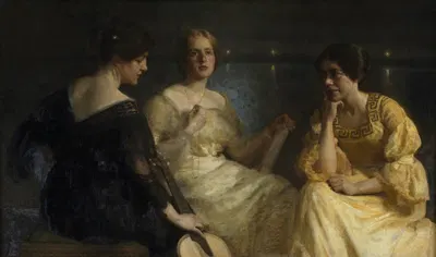 Unge kvinder. Fra venstre; Karen Bramsen; kunstnerens hustru Esther, f. Lange; Johanne Munch-Petersen by Julius Paulsen,…