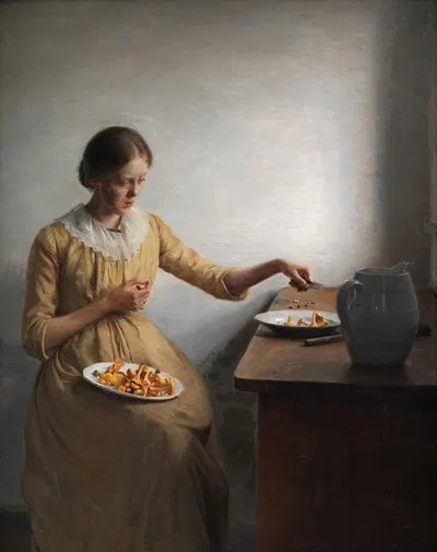 A Young Girl Preparing Chantarelles by Peter Ilsted, 1892 — digital art print download
