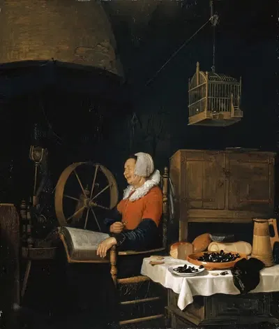 Женщина рядом с прялкой, спящая над книгой by Квирийн Ван Бреекеленкам, 1659 — digital art print download