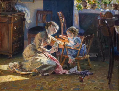 Sunshine in the Living Room. The Artist's Wife and Child by Viggo Pedersen, 1888 — digital art print download
