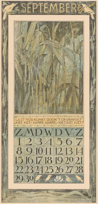 Kalenderblad september met vogel in het riet by Theo van Hoytema, 1906 — digital art print download
