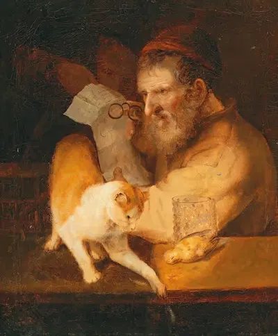 An Old Man Holding A Letter, With A Cat On A Ledge by Christoph Paudiss — digital art print download