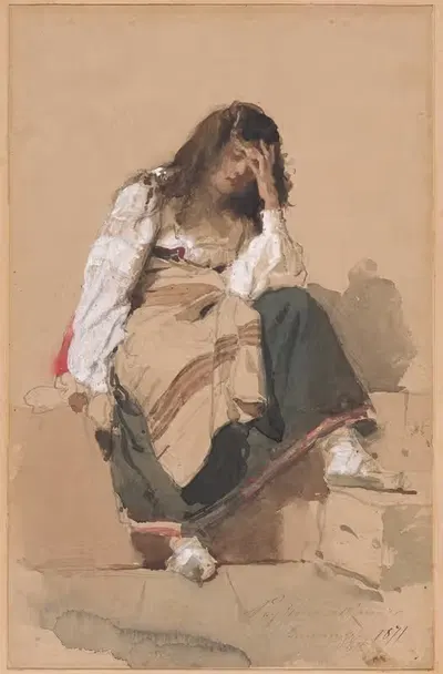 Сидящая крестьянская девушка в раздумьях by Элеутерио Пальяно, 1871 — digital art print download