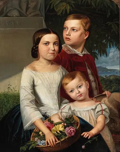 Три брата и сестры, на фоне залив Рио-де-Жанейро с горой Сахарная голова by Эмиль Бах, 1856 — digital art print download