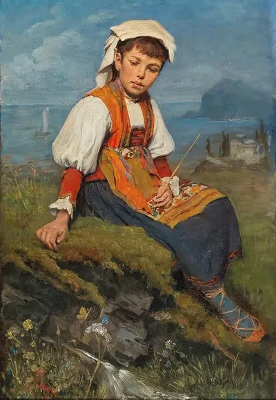 Девочка-пастушонка перед прибрежным пейзажем by Эрнст Пайер — digital art print download