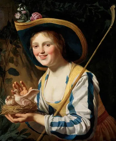 Пастушка с голубями by Жерар ван Хонтхорст, 1652 — digital art print download
