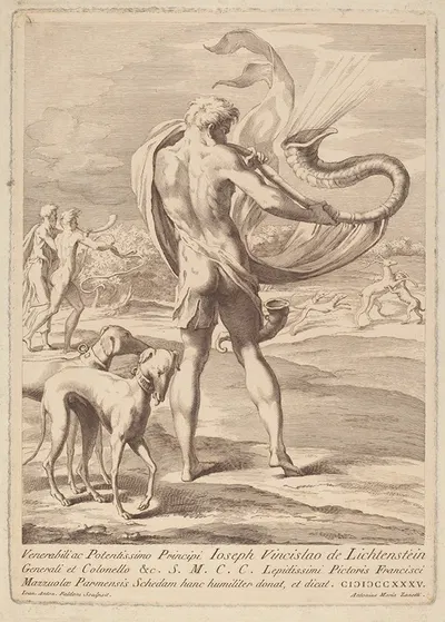 Nude Man Blowing A Conch by Джованни Антонио Фальдони, 1735 — digital art print download