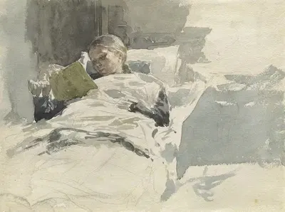 Жена художника читает в постели by Леопольд фон Калькреут, 1885-1890 — digital art print download