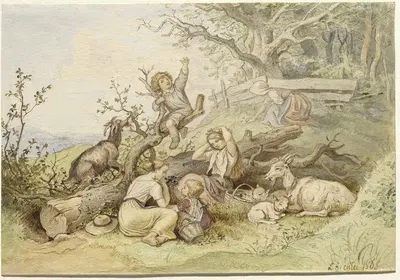 Дети и козы, отдыхающие у поваленного дерева by Адриан Людвиг Рихтер, 1868 — digital art print download