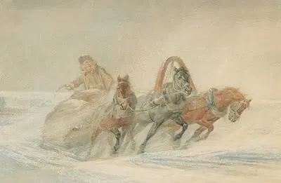 A Russian Troika In The Snow by Rudolf Fedorovich Frentz, 1869 — digital art print download