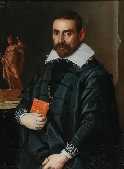 Portrait Of A Gentleman, Three-Quarter Length, Holding A Book With A Statue In The Background by School of Bergamo —…