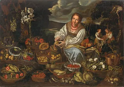 A Fruit And Vegetable Seller, Surrounded By Her Wares by Vincenzo Campi — digital art print download